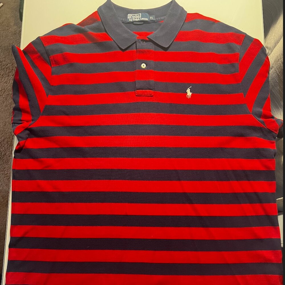 Ralph Lauren Men’s Polo Shirt – Red & Navy Stripe Short Sleeve (XL)